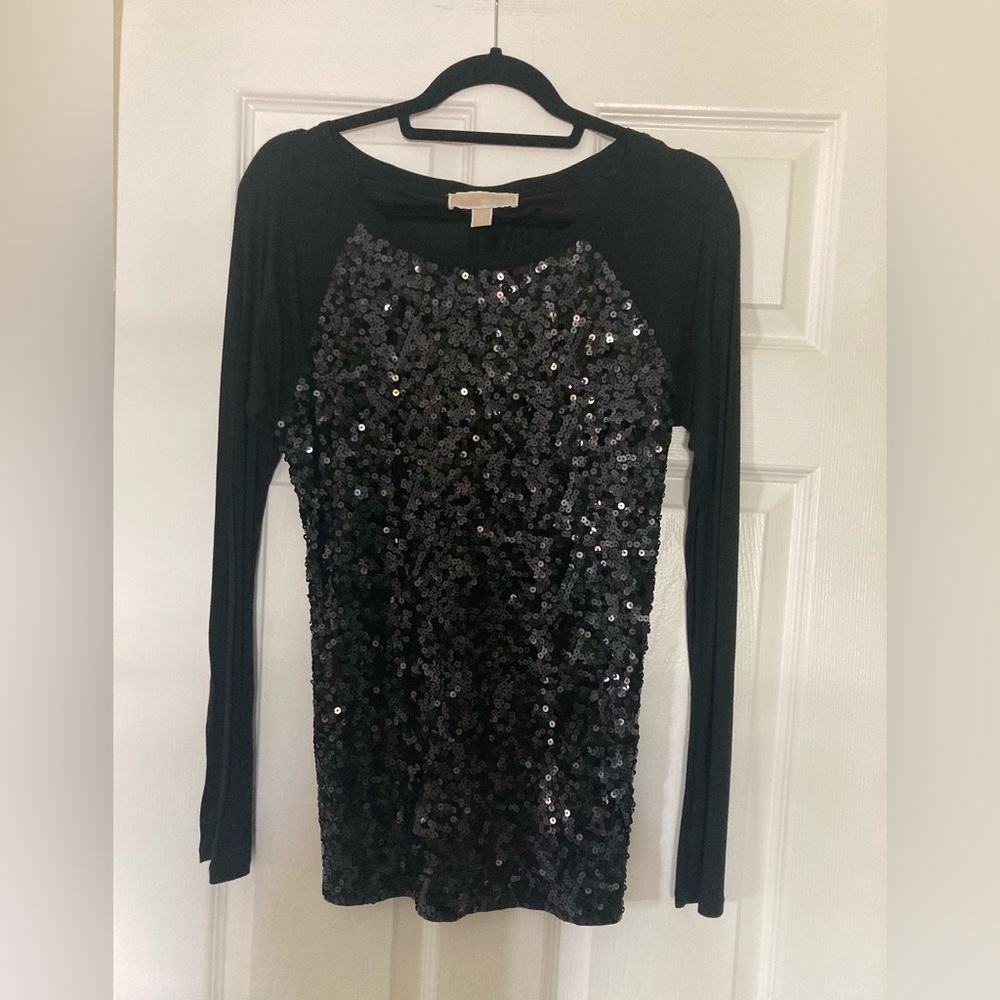 Michael Kors Long Sleeve Sequin Baseball Tee, Size Large